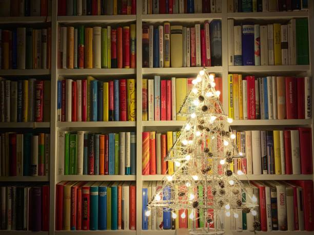 istock Illuminated christmas tree standing in the library 1057183624