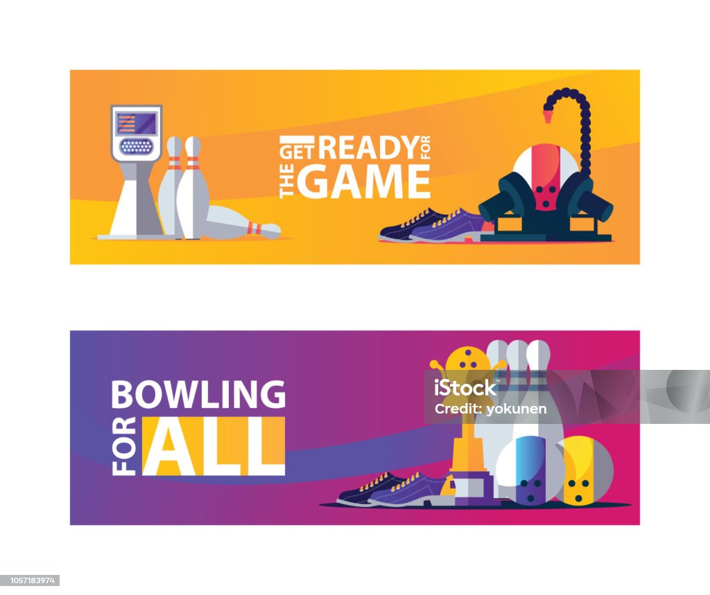 Vivid bowling banners with objects for play, pins and balls. Vivid bowling banners with objects for play, pins and balls. Vector set for player or club. Cricket Bowler stock vector