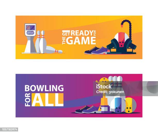 Vivid Bowling Banners With Objects For Play Pins And Balls Stock Illustration - Download Image Now