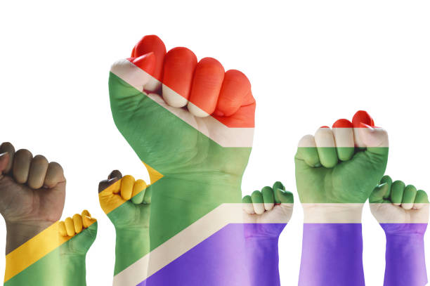 nelson mandela day, south africa national flag pattern on hands for human rights. - africa south africa child african culture imagens e fotografias de stock