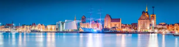 Classic panoramic view of the hanseatic city of Stralsund during blue hour at dusk, Mecklenburg-Vorpommern, Germany