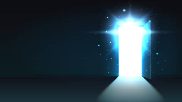 istock Light from the open door of a dark room, abstract mystical glowing exit, background, open door template, mock up 1057209460