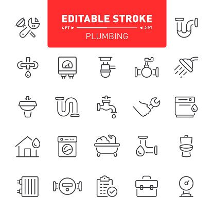 Plumbing, sanitary engineering, editable stroke, outline, icon, icon set, repair, pipeline, home automation, spanner, plunger