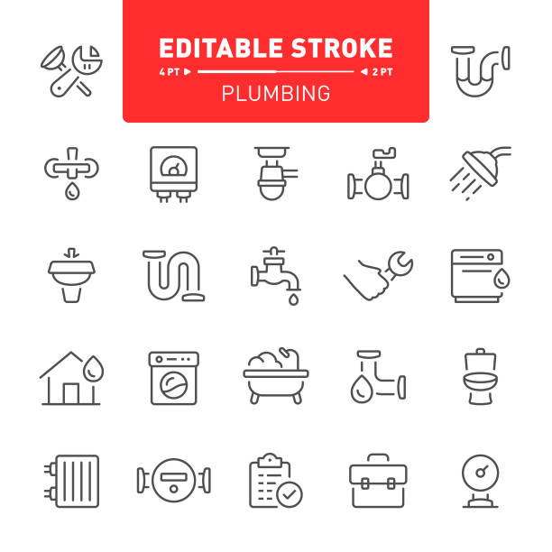 Plumbing Icons Plumbing, sanitary engineering, editable stroke, outline, icon, icon set, repair, pipeline, home automation, spanner, plunger plumber stock illustrations