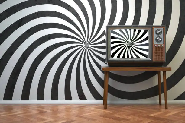 Vintage retro TV set with hypnotic spiral on the screen. Propaganda and brainwashing of the influential mass media concept.  3d illustration