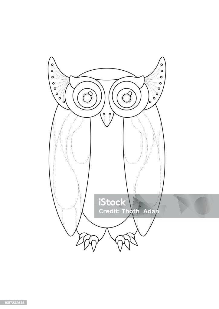 Big Eyed Owl (Line Art Doodle Drawing) Line art drawing of an owl in a decorative entangle style (doodle with full and dotted lines) Animal stock vector