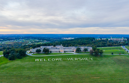 Hershey, Pennsylvania/USA - October 2018: Welcome to Hershey Sign Aerial View