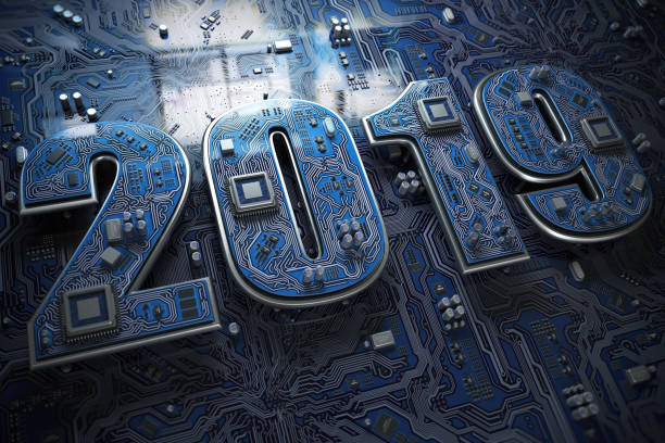 istock 2019 on circuit board or motherboard with cpu. Computer technology and internet commucations digital concept. Happy new 2019 year. 1057240680