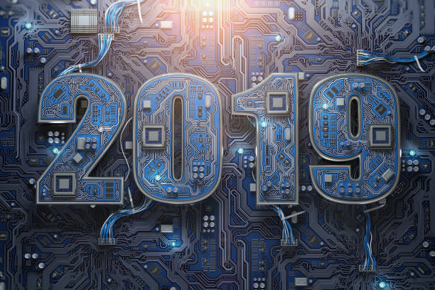 istock 2019 on circuit board or motherboard with cpu. Computer technology and internet commucations digital concept. Happy new 2019 year. 1057242206