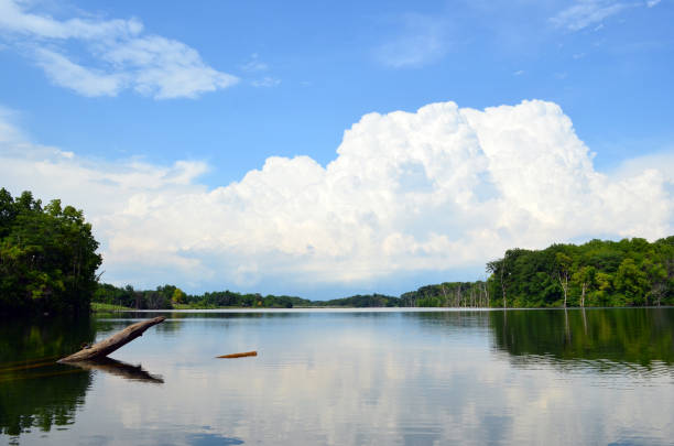 istock Large white clouds above a lake surrounded by forest. 1057243428