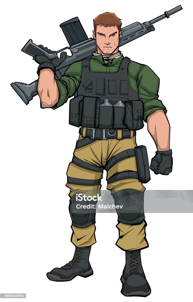 Soldier Standing Tall Full-length illustration of soldier standing tall, holding machine gun. United States Navy SEALs stock vector