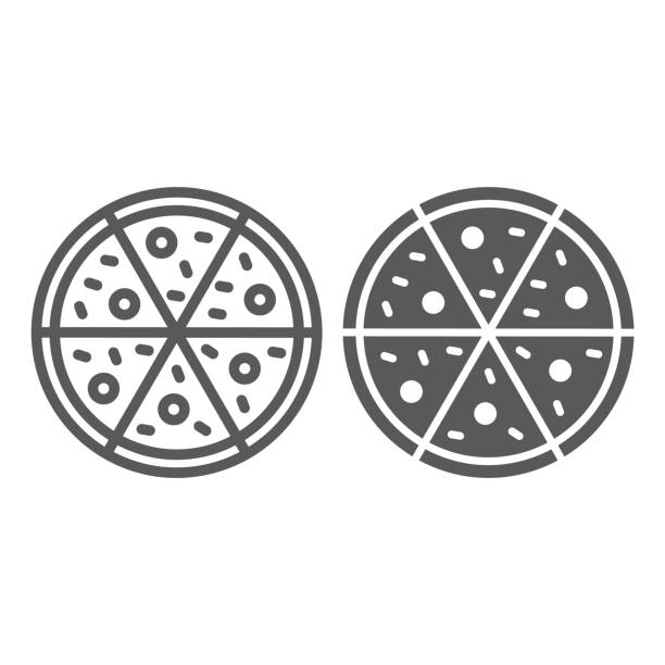 피자 라인과 문자 모양 아이콘, 이탈리아 음식, 패스트 푸드 서명, 벡터 그래픽, 흰색 바탕에 선형 패턴. - application software food pizza cheese stock illustrations