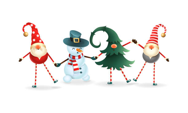 illustrazioni stock, clip art, cartoni animati e icone di tendenza di gli amici felici celebrano il solstizio d'inverno, natale e capodanno. gnomi scandinavi e pupazzo di neve - pianta nana