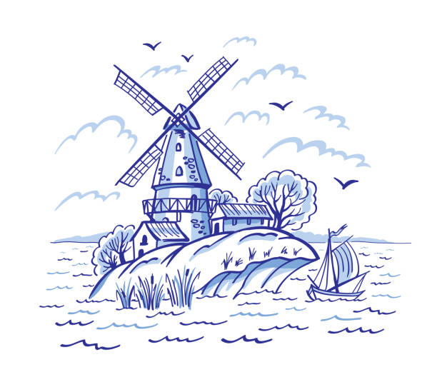 istock Decorative landscape with a mill and a sailboat in blue tones. 1057248856