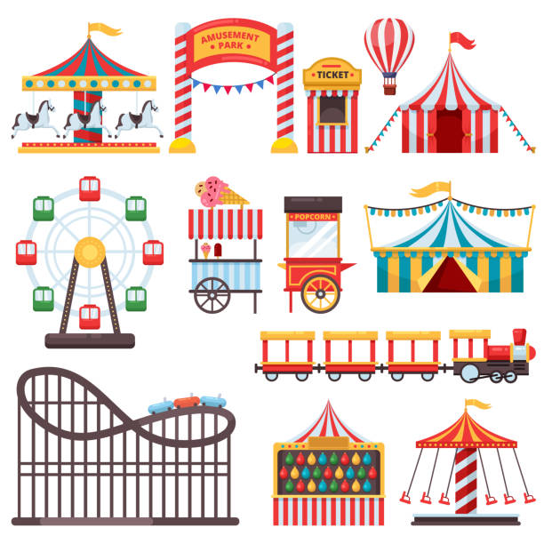 парк развлечений изолированные иконы. векторная плоская иллюстрация цирковой палатки, карусели, колеса  обозрения. элементы карнавального  - аттракцион карусель stock illustrations
