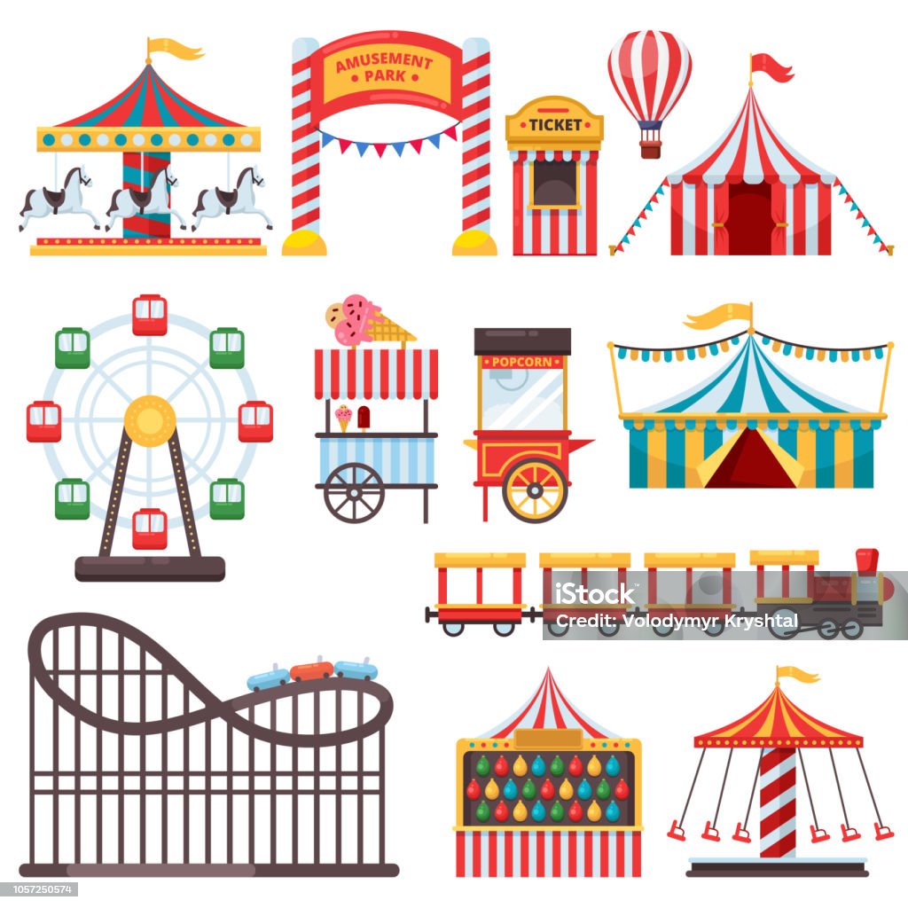 Amusement park isolated icons. Vector flat illustration of circus tent, carousel, ferris wheel. Carnival design elements Amusement park isolated icons. Vector flat illustration of circus tent, carousel, ferris wheel and other attractions. Carnival design elements. Traveling Carnival stock vector