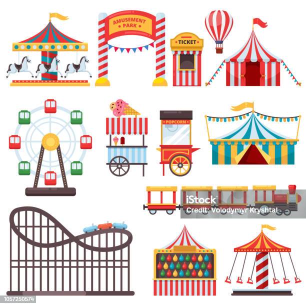 Amusement Park Isolated Icons Vector Flat Illustration Of Circus Tent Carousel Ferris Wheel Carnival Design Elements Stock Illustration - Download Image Now