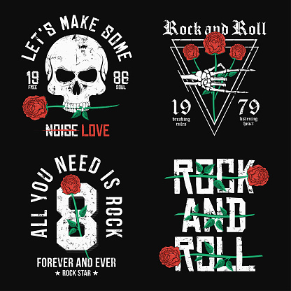 Set of Rock and Roll t-shirt design. Red roses, skull and skeleton hand. Vintage rock music style graphic for t-shirt print with slogan and grunge background. Vector