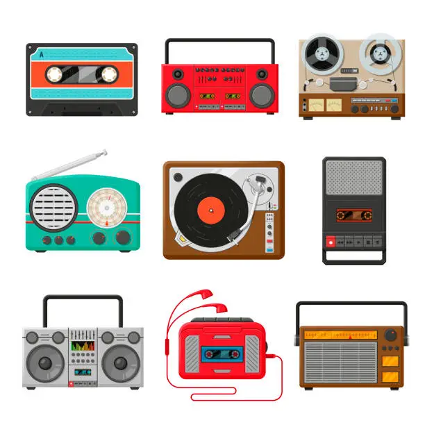 Vector illustration of Vintage audio music and sound recorders set