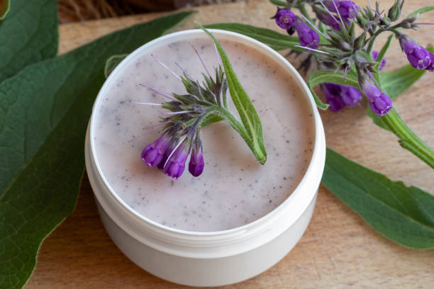 istock A jar of homemade comfrey root ointment with fresh blooming comfrey 1057259022