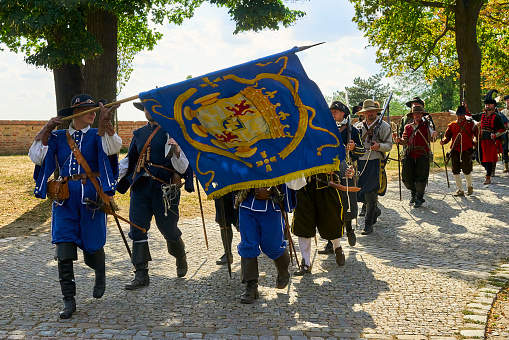 Brno, Czech Republic - August 18, 2018: Historical reenactment Day of Brno. Infantrymen in historical costumes march around the city