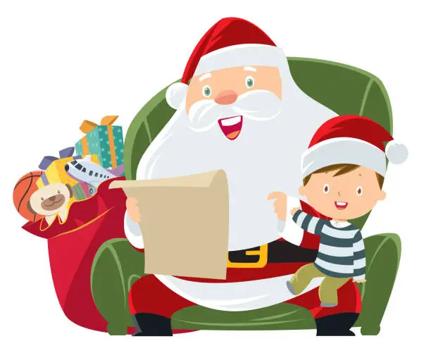 Vector illustration of Santa Claus and child sitting on chair with