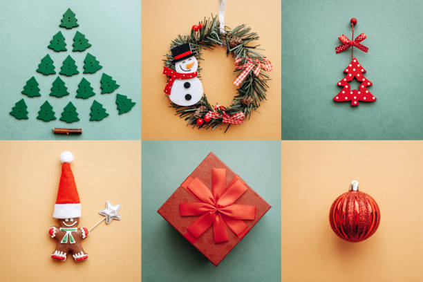 istock Creative idea various Christmas toys and things on multi-colored backgrounds. 1057272098