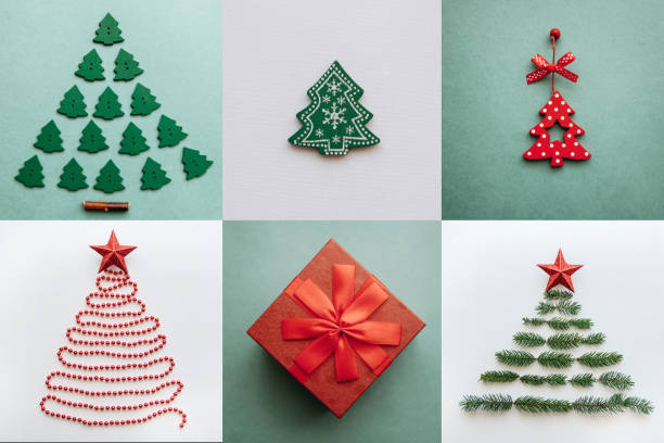 istock Creative Christmas trees and a gift in a box on different backgrounds. 1057272102