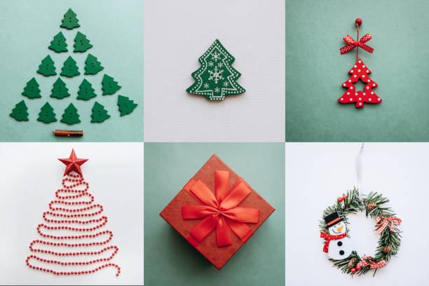 istock Creative idea various Christmas toys and things on multi-colored backgrounds. 1057272110
