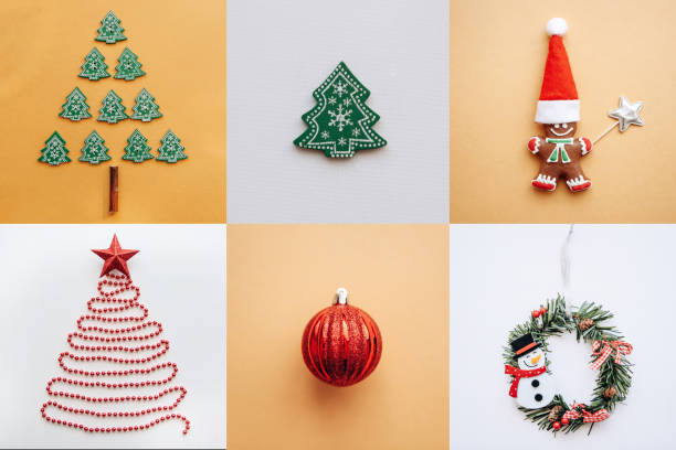 istock Creative idea various Christmas toys and things on multi-colored backgrounds. 1057272116