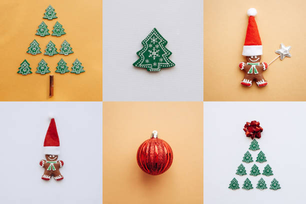 istock Creative idea various Christmas toys and things on colored backgrounds. 1057272120
