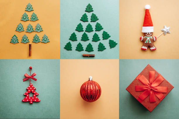 istock Creative idea various Christmas toys and things on colored backgrounds. 1057272126