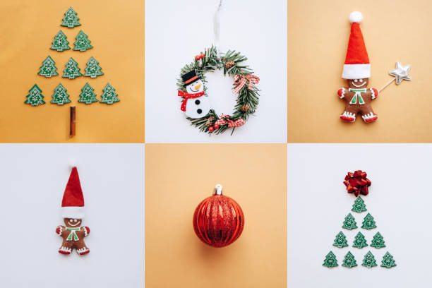 istock Creative idea various Christmas toys and things on multi-colored backgrounds. 1057272140