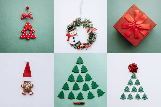 istock Creative idea various Christmas toys and things on colored backgrounds. 1057272144