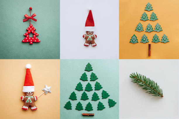 istock Creative idea various Christmas toys and things on colored backgrounds. 1057272150