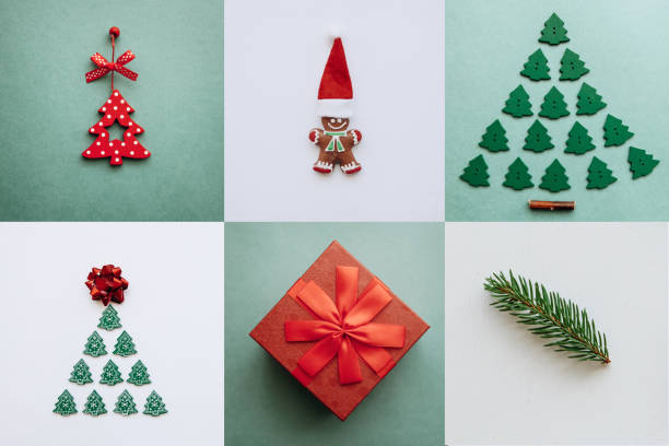 Creative idea various Christmas toys and things on colored backgrounds.