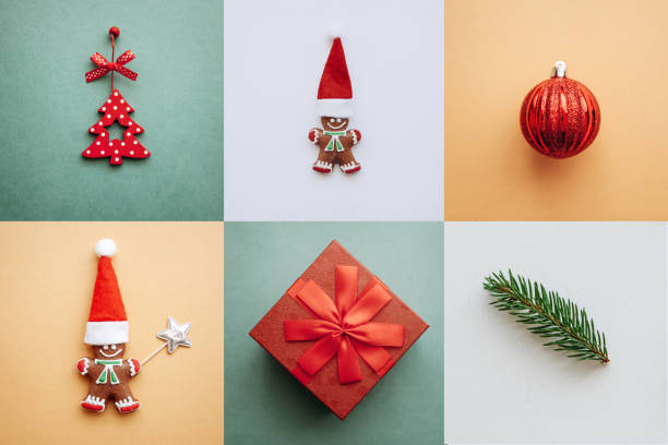 istock Creative idea various Christmas toys and things on colored backgrounds. 1057272174