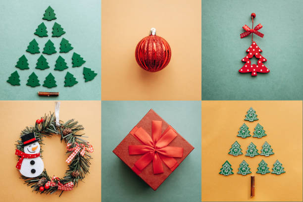 istock Creative idea various Christmas toys and things on multi-colored backgrounds. 1057272180