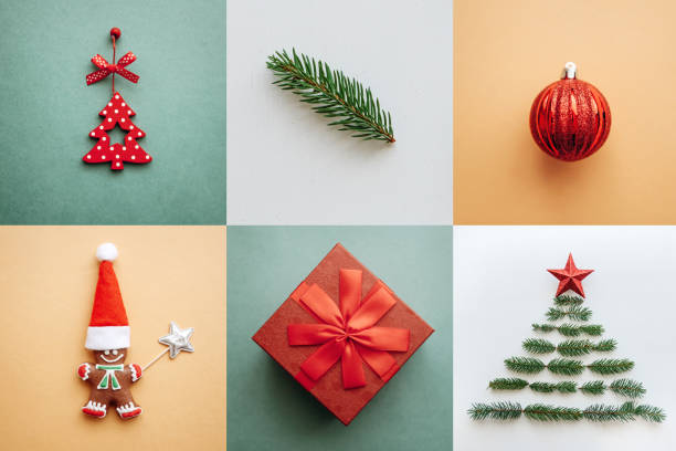istock Creative idea various Christmas toys and things on colored backgrounds. 1057272186