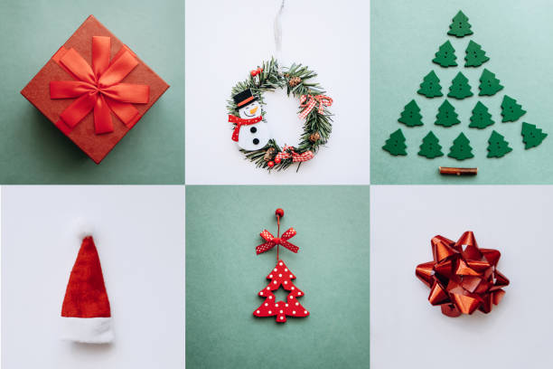 istock Creative idea various Christmas toys and things on colored backgrounds. 1057272202