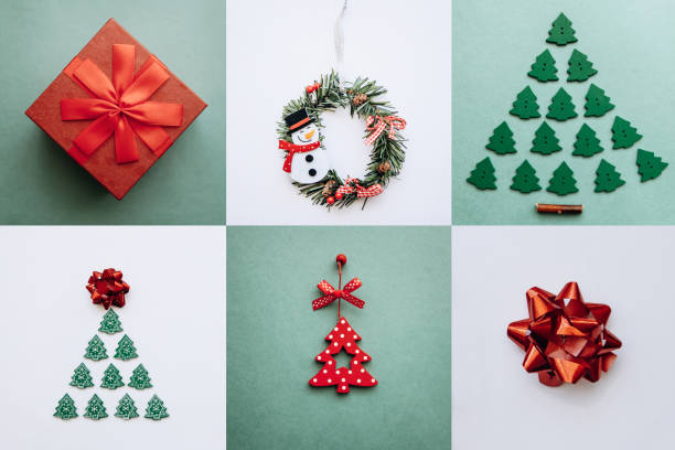 istock Creative idea various Christmas toys and things on colored backgrounds. 1057272228