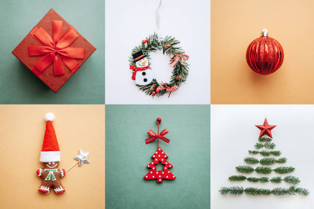 istock Creative idea various Christmas toys and things on colored backgrounds. 1057272236