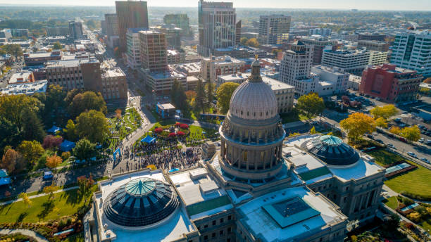 Gathering in front of the capital building in Boise Idaho on an autumn day stock photo