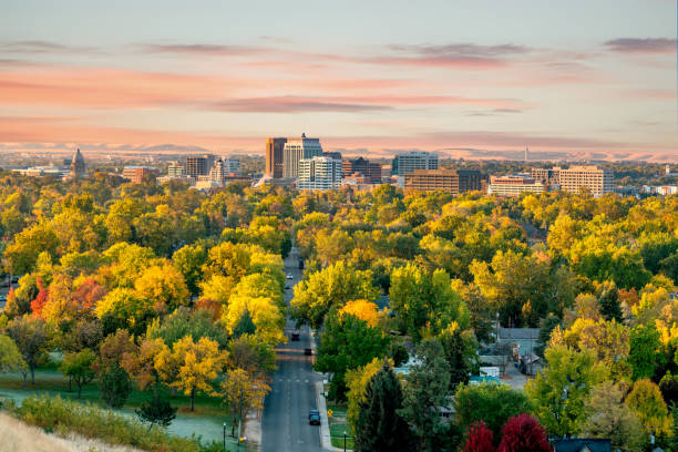 Beautiful little city of Boise Idaho with autumn trees abound stock photo