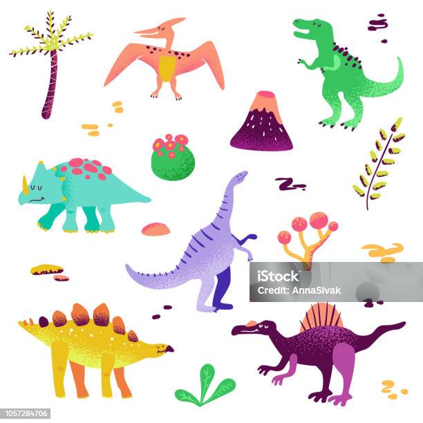 Cute Dinosaurs Isolated On White Background Dinosaur Footprint Volcano Palm Tree Stones Baby Dino Collection For Nursery Textile Book Print In Vector Stock Illustration - Download Image Now