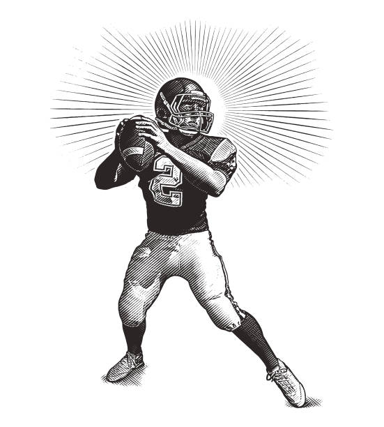 Quarterback passing football Engraving illustration of a American Football Quarterback passing football football helmet and ball stock illustrations