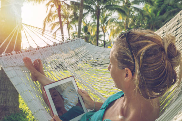 istock Young woman using digital tablet on hammock, lying between palm trees in tropical climate- People travel vacations technology on the go concept 1057285160