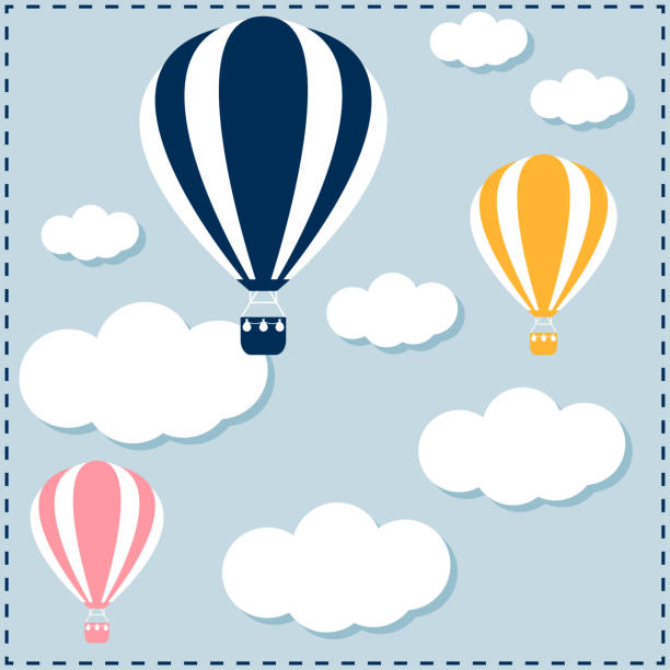 Hot air balloon floating in the sky among the clouds. Hot air balloon floating in the sky among the clouds. Abstract swatch for design card, invitation, t shirt, childish poster, banner, billboard, store sale advertising, art workshop poster etc. drawing of spring free stock illustrations