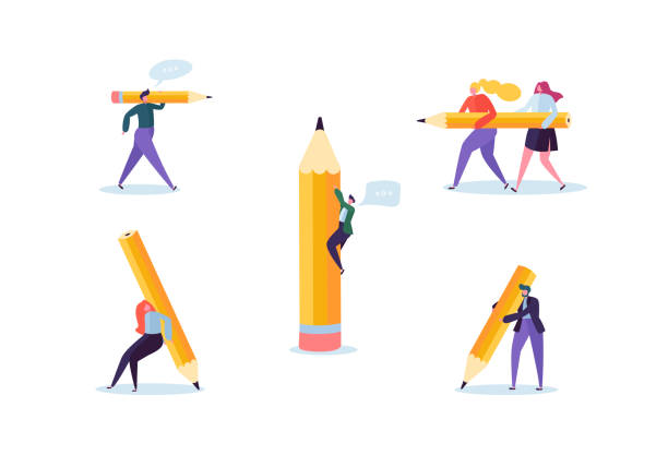Business People with Big Pencils. Creative Characters Process Organization. Man and Woman with Pencil. Vector illustration Business People with Big Pencils. Creative Characters Process Organization. Man and Woman with Pencil. Vector illustration pencil cartoon stock illustrations