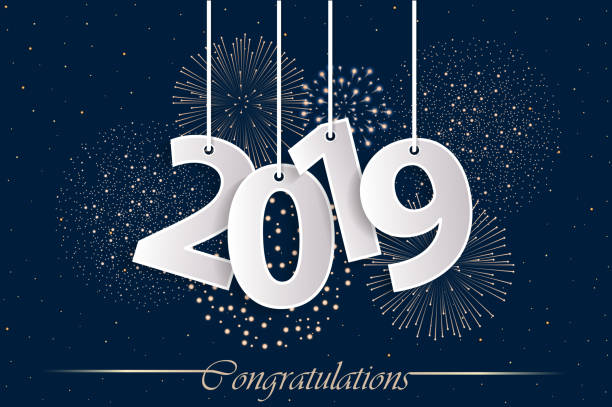 istock 2019 greeting card concept with paper cuted white numbers on ropes and fireworks. Vector illustration 1057296582